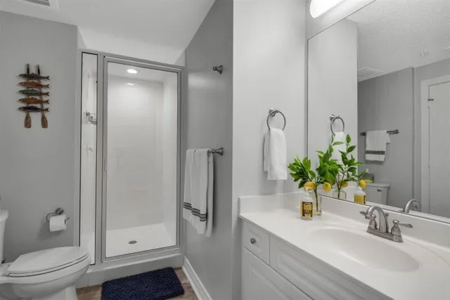 a bathroom with a sink a toilet and shower