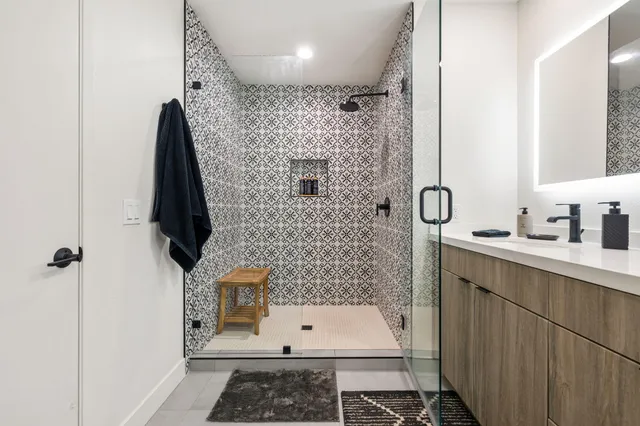 a view of a city with lawn chairs