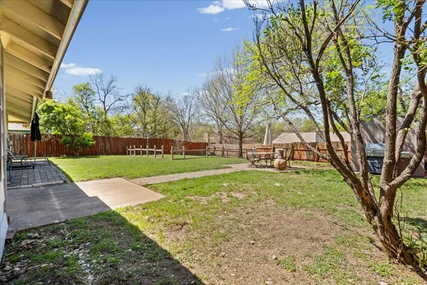 a view of a yard with plants and trees