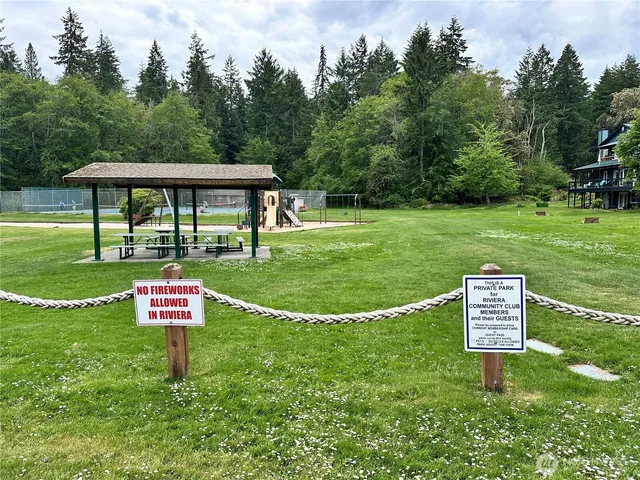 a view of a park with large trees
