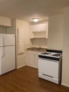 a kitchen with a stove and a refrigerator