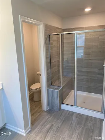 a bathroom with a shower and toilet