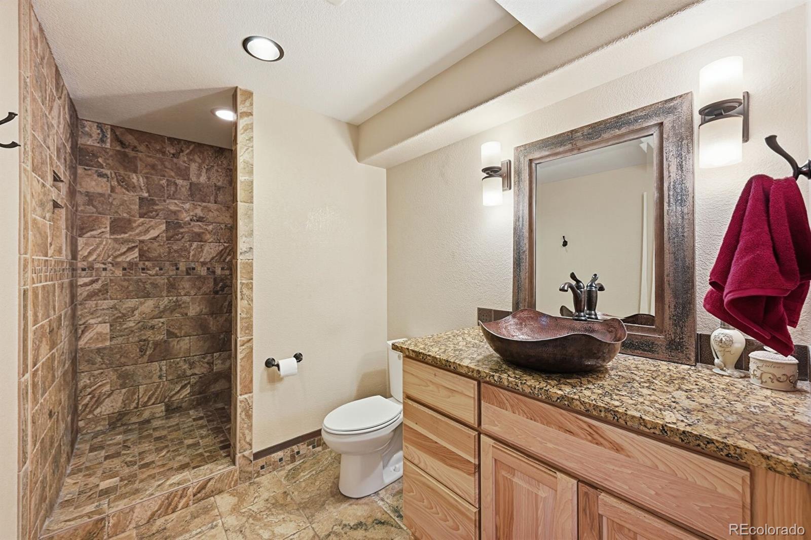 7869 Solstice Way Castle Rock, CO 80108 - Photo 35 of 41 a bathroom with a granite countertop sink a toilet and a shower