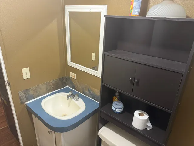 a bathroom with a sink toilet and mirror