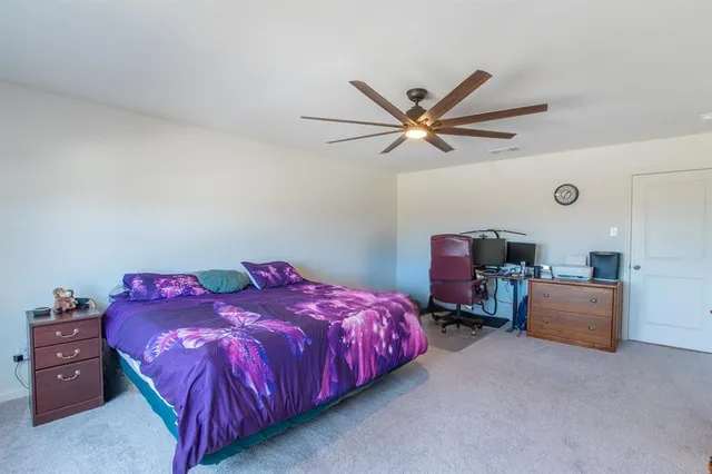 a bedroom with a bed and a ceiling fan