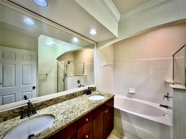 a bathroom with a granite countertop double vanity sink and a large mirror