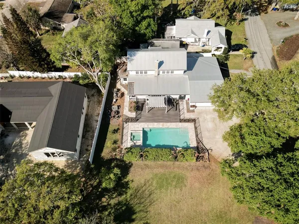 a view of a swimming pool and an outdoor space