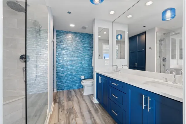 a bathroom with a shower and a toilet