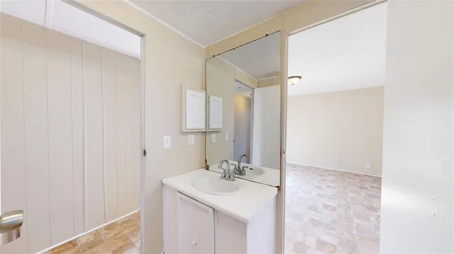 a bathroom with a sink and a mirror