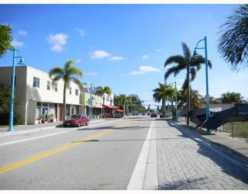 a view of a street with palm trees