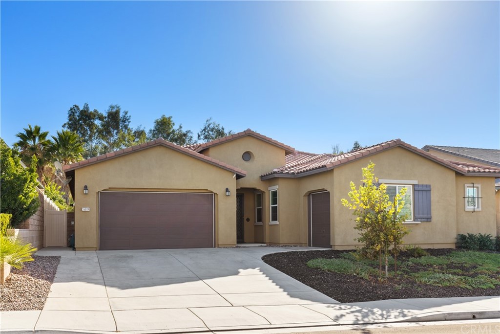 a front view of a house with garage and plants