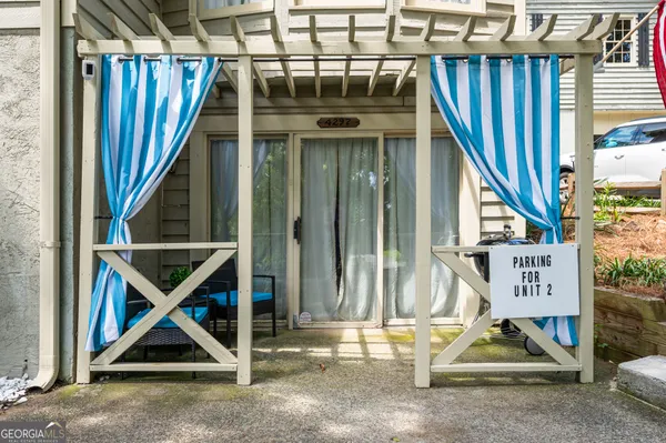 a building outdoor space with seating space