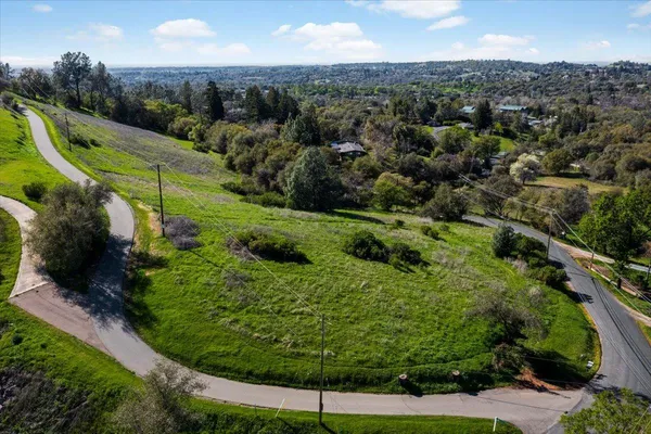 a view of a garden with a houses