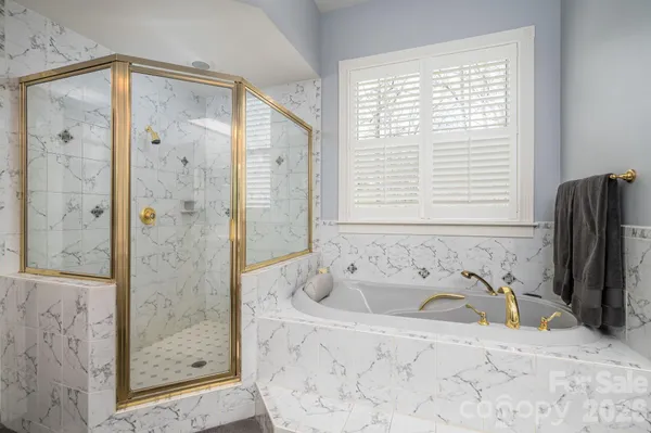 a bathroom with a bathtub and a shower