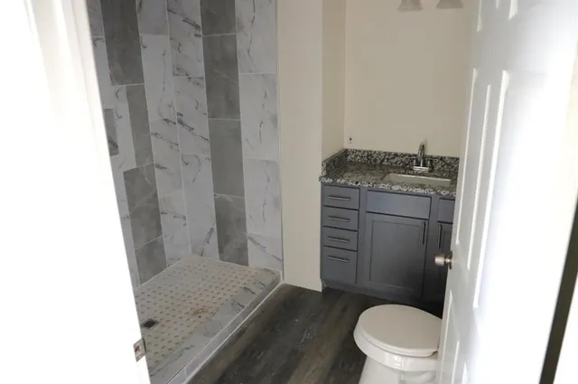 a bathroom with a granite countertop sink toilet and shower