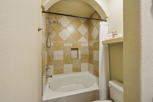 a bathroom with a shower and a toilet