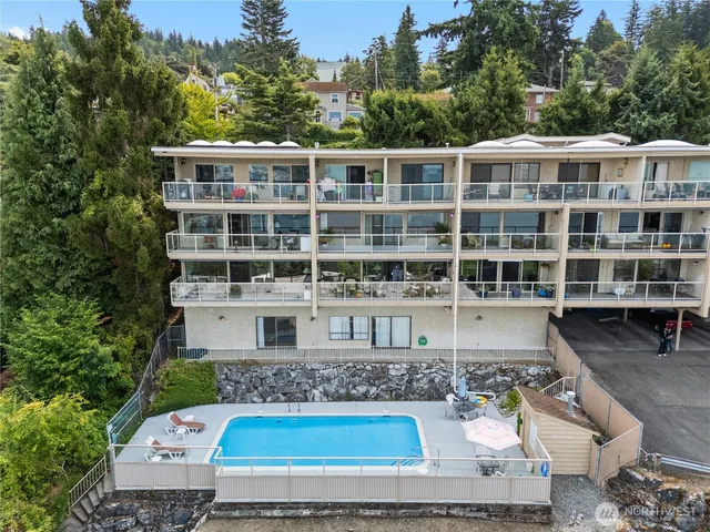 a view of a building with a garden