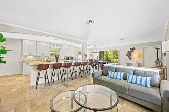 a living room with furniture a dining table and a potted plant