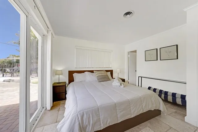 a bedroom with a bed and a view of balcony