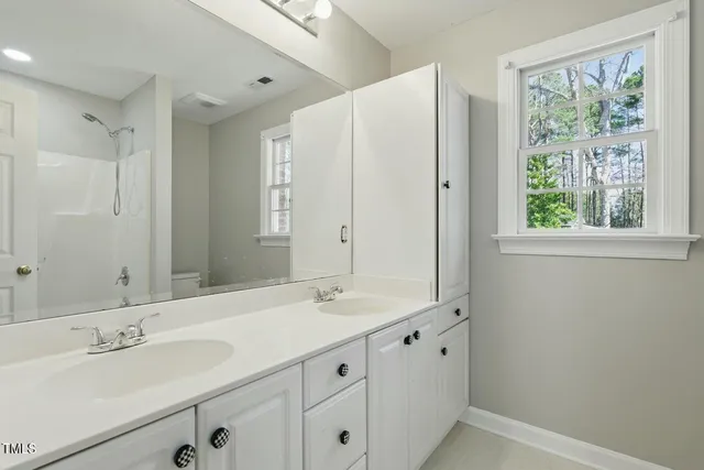 a bathroom with double vanity sink and a mirror