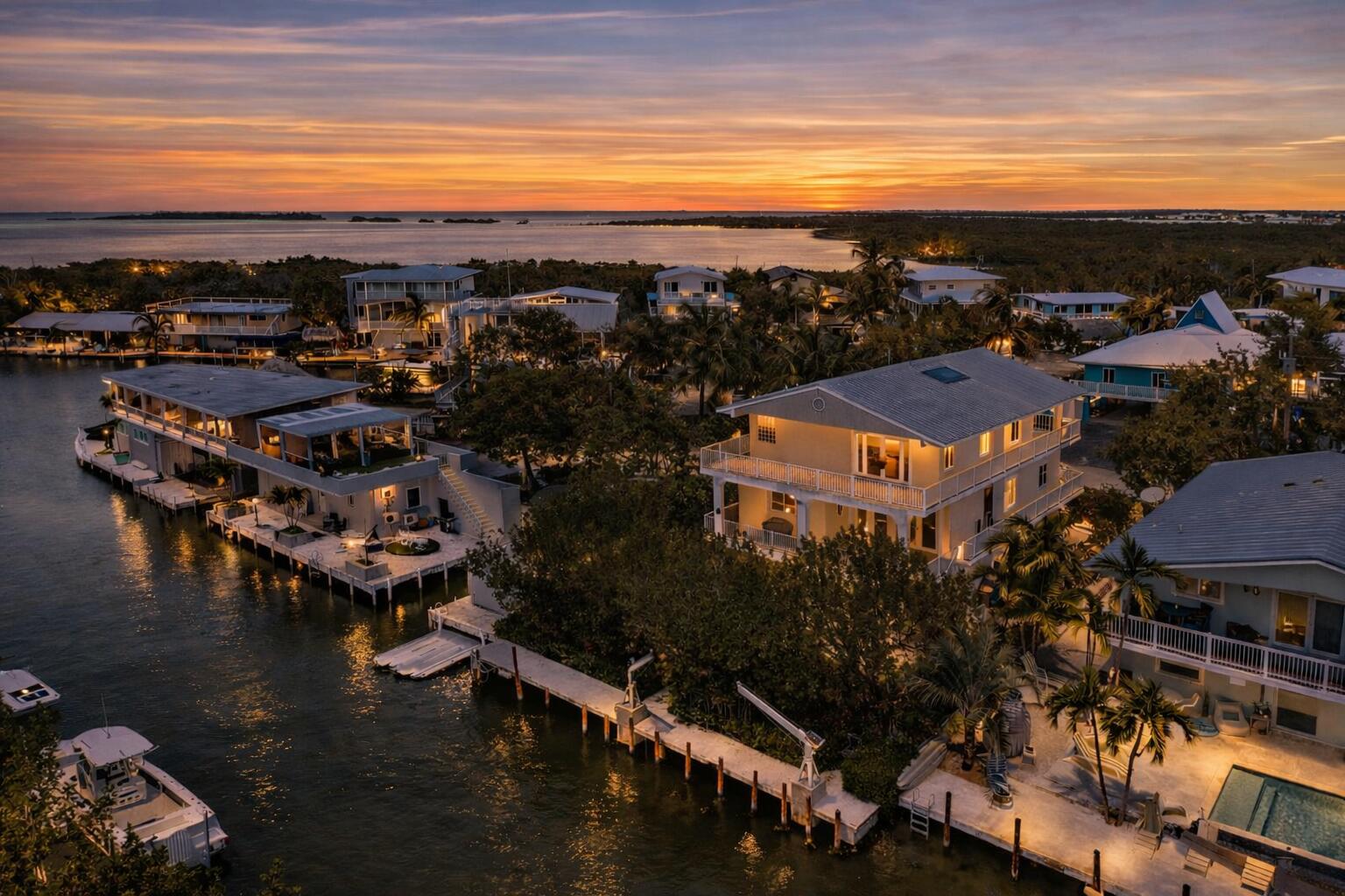 247 Apache Street Tavernier, FL 33070 - Photo 83 of 94 Canal Aerial View at Twilight