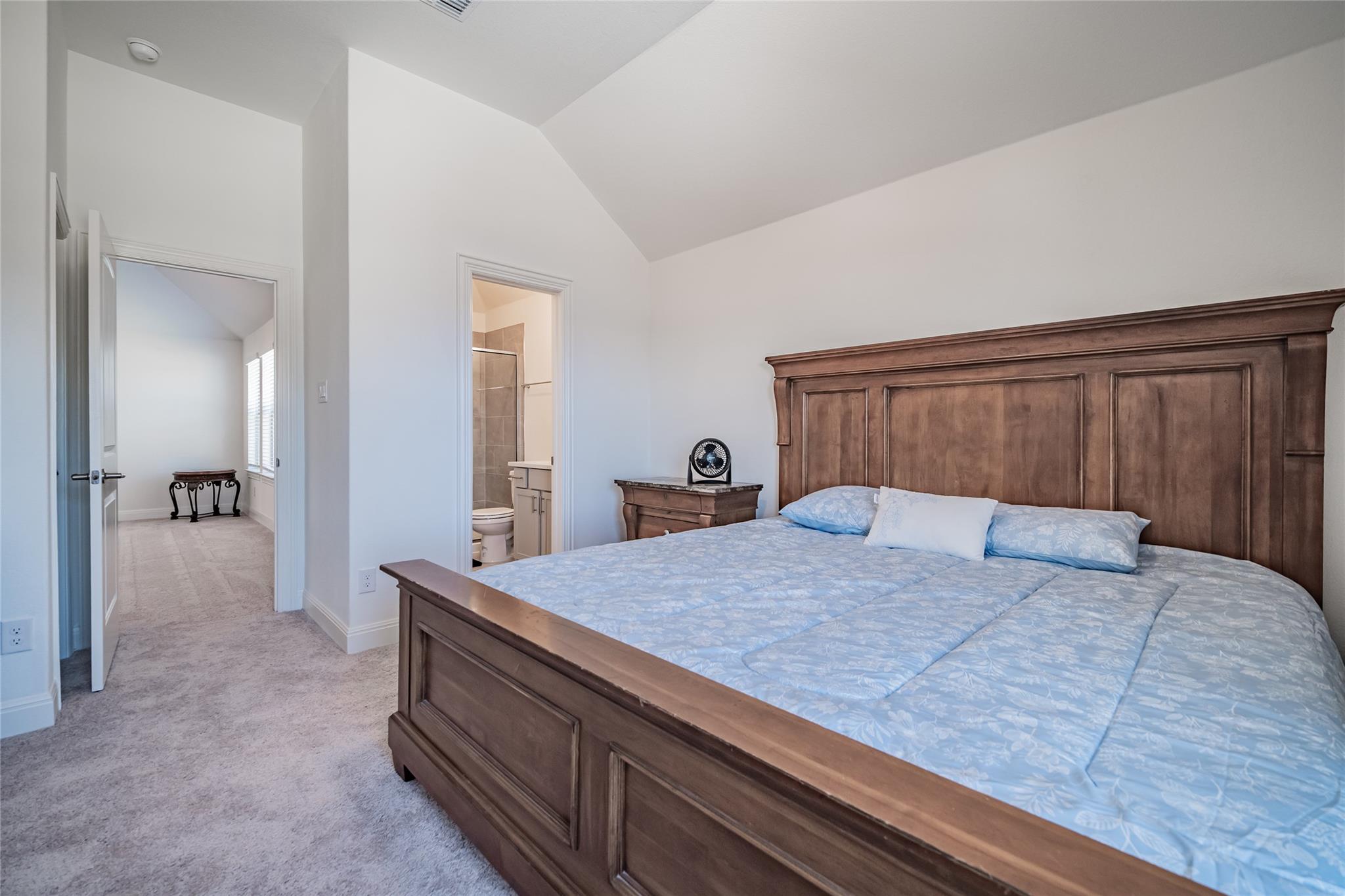 3049 Sage Ranch Drive Leander, TX 78641 - Photo 10 of 23 Restful primary bedroom features vaulted ceilings and plush carpeting.