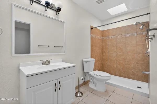 a bathroom with a sink a toilet a mirror and shower
