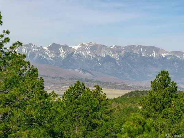 a view of a dry yard with mountains in the background