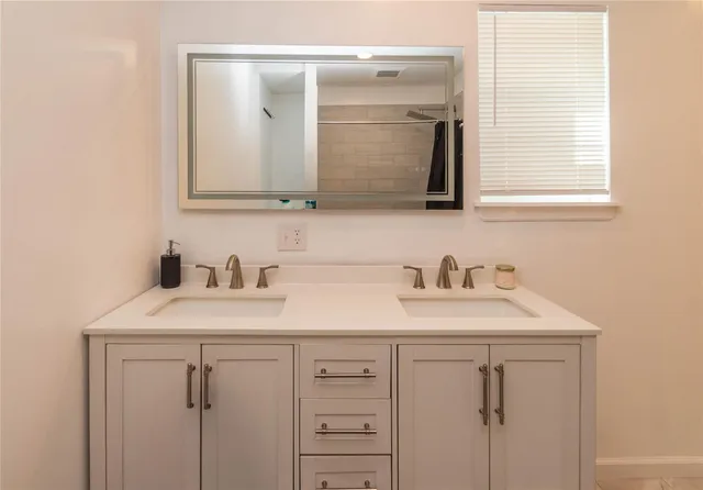 a bathroom with a sink vanity and a mirror