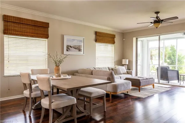a view of a dining room with furniture window and wooden floor