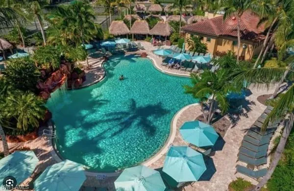 a view of a swimming pool with a garden