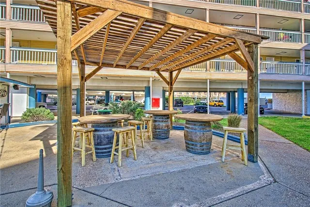 a view of a building with a patio