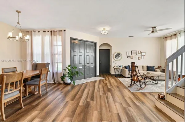 a view of a dining room with furniture window and wooden floor