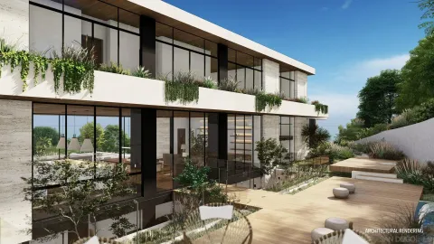 a view of a house with backyard and sitting area