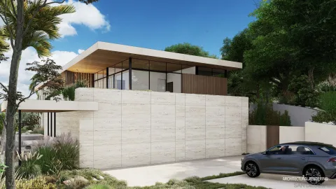 a car parked in front of a white house