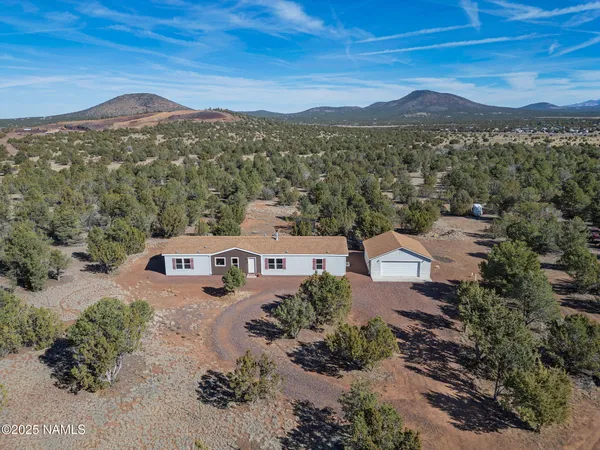 an aerial view of residential houses with outdoor space and trees