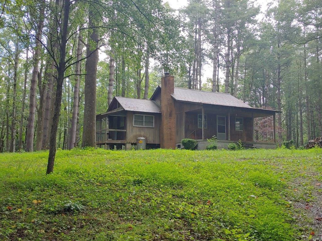 a view of a house with a yard and large trees