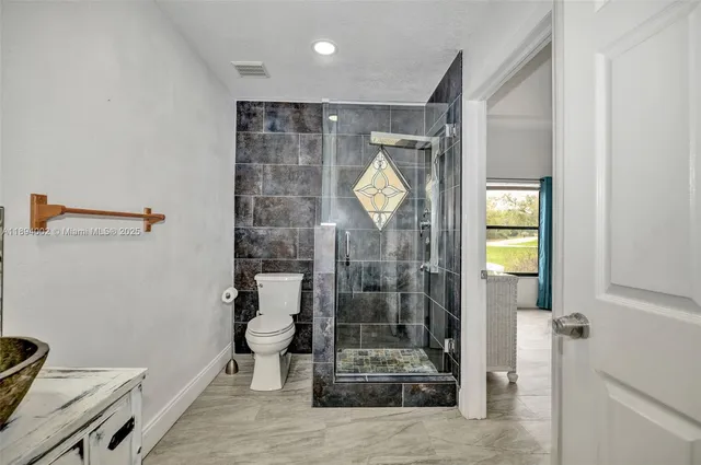 a bathroom with a shower and a toilet