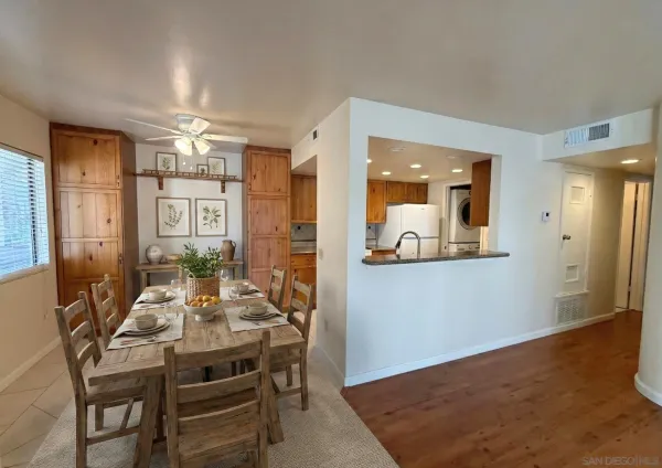 a view of a dining room with furniture