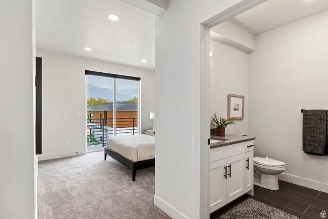 32 West 400 South Bountiful, UT 84010 - Photo 16 of 31 Half bath with vanity, recessed lighting, dark colored carpet, and an ensuite bath. Model Home