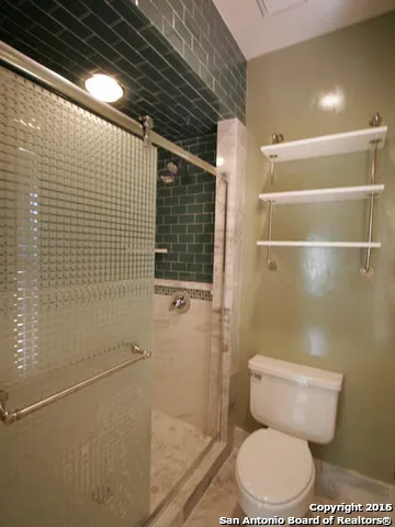 a bathroom with a toilet and a shower