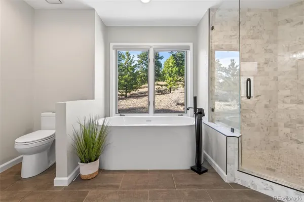 a bathroom with a bathtub shower and toilet