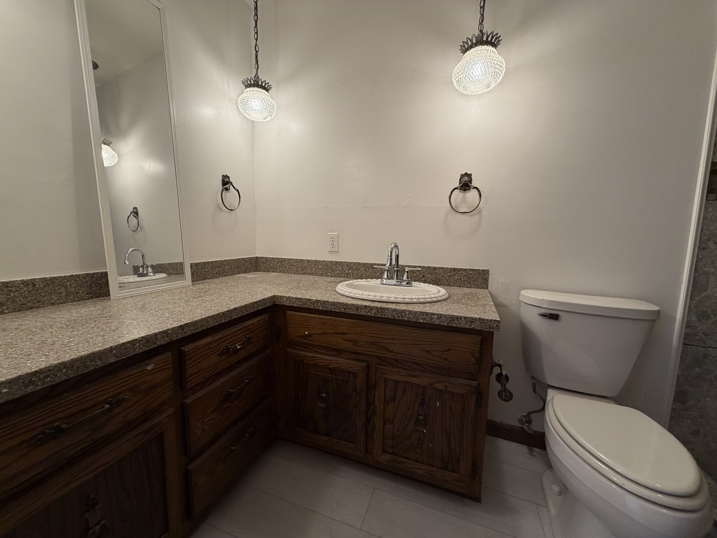 1756 West Ravina Park Road Decatur, IL 62526 - Photo 40 of 47 a bathroom with a granite countertop sink a toilet and a mirror