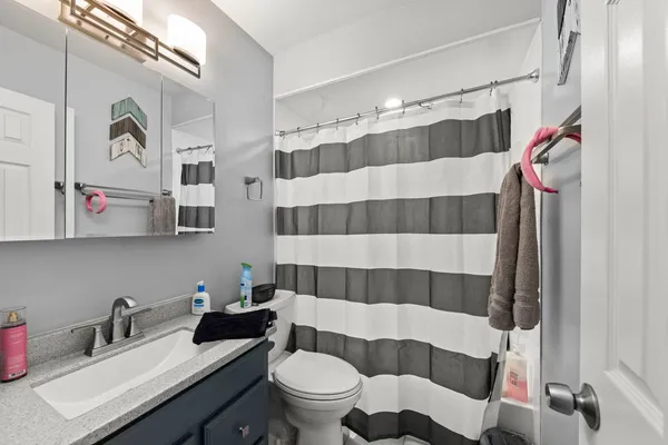 a bathroom with a sink a toilet and shower curtain