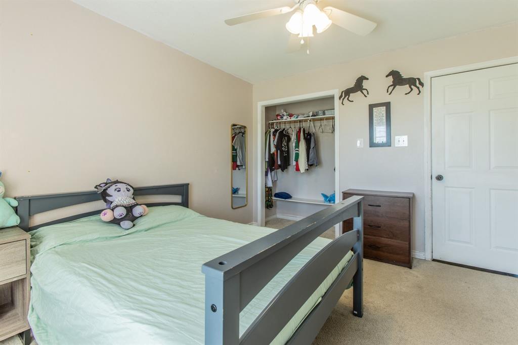 4930 Spring Valley Road Lorena, TX 76655 - Photo 20 of 34 Recessed closet with built-in shelving, ceiling fan, carpet flooring, and a paneled interior door