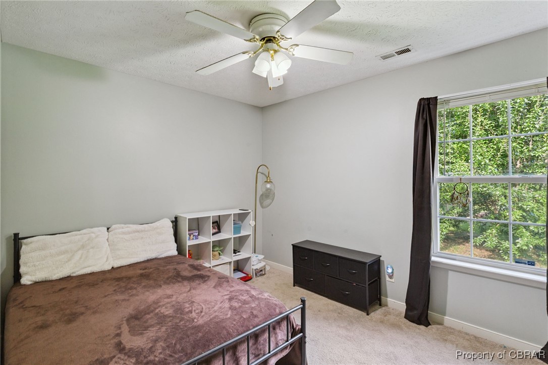7989 Pinetta Road Gloucester, VA 23061 - Photo 12 of 26 Bedroom with light carpet, multiple windows, a textured ceiling, and a ceiling fan