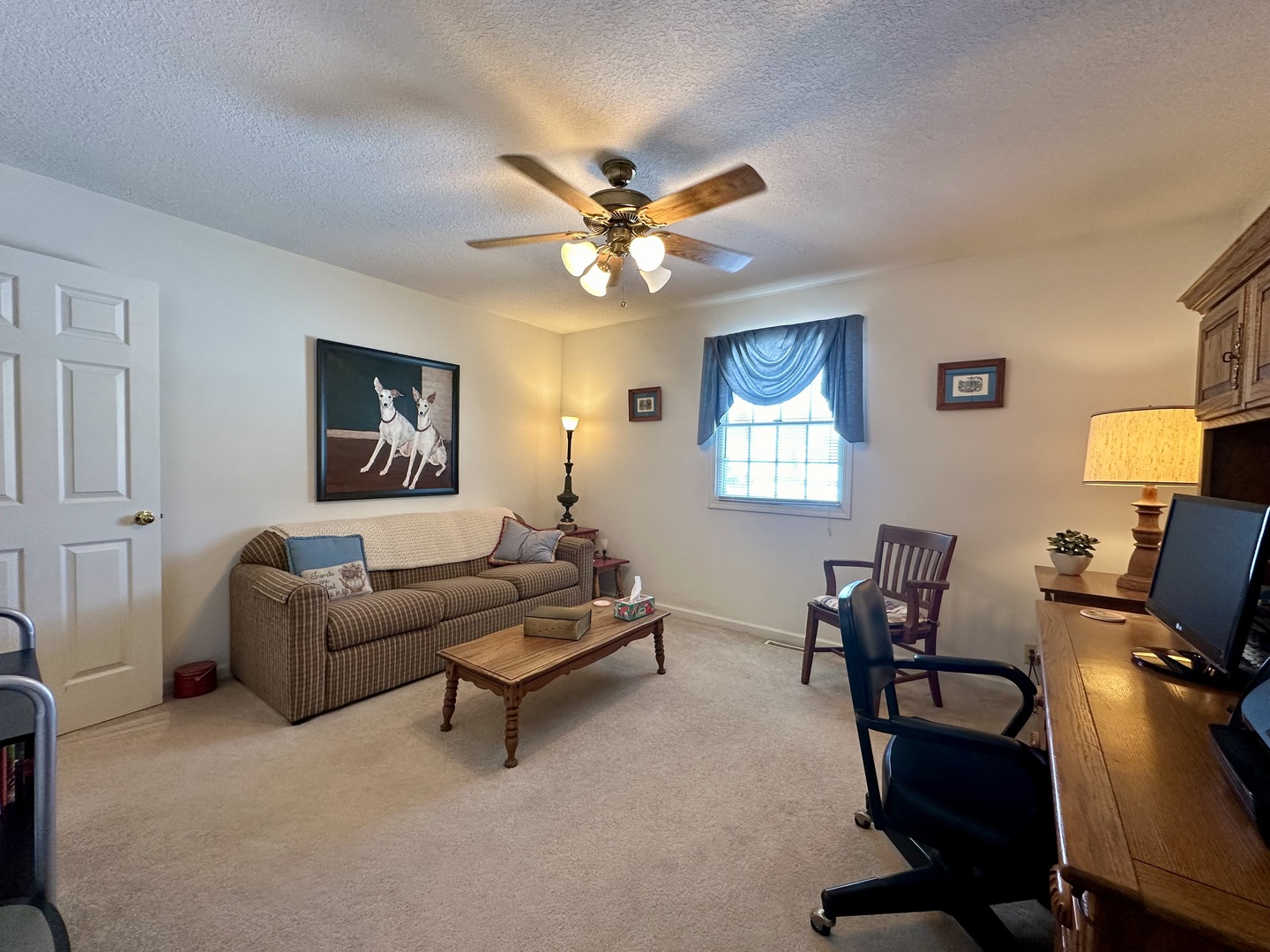 8752 Wagon Trail Road Clinton, IL 61727 - Photo 5 of 19 a living room with furniture a desk and chair with potted plants