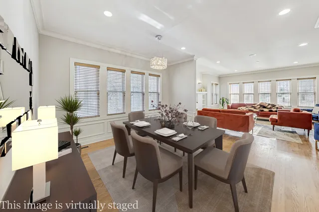 a view of a dining room with furniture