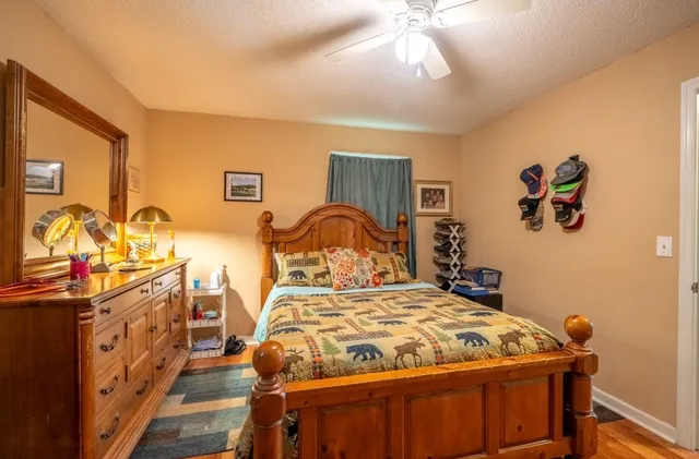 a bedroom with a bed and a chandelier