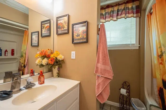 a bathroom with a sink vanity and a mirror